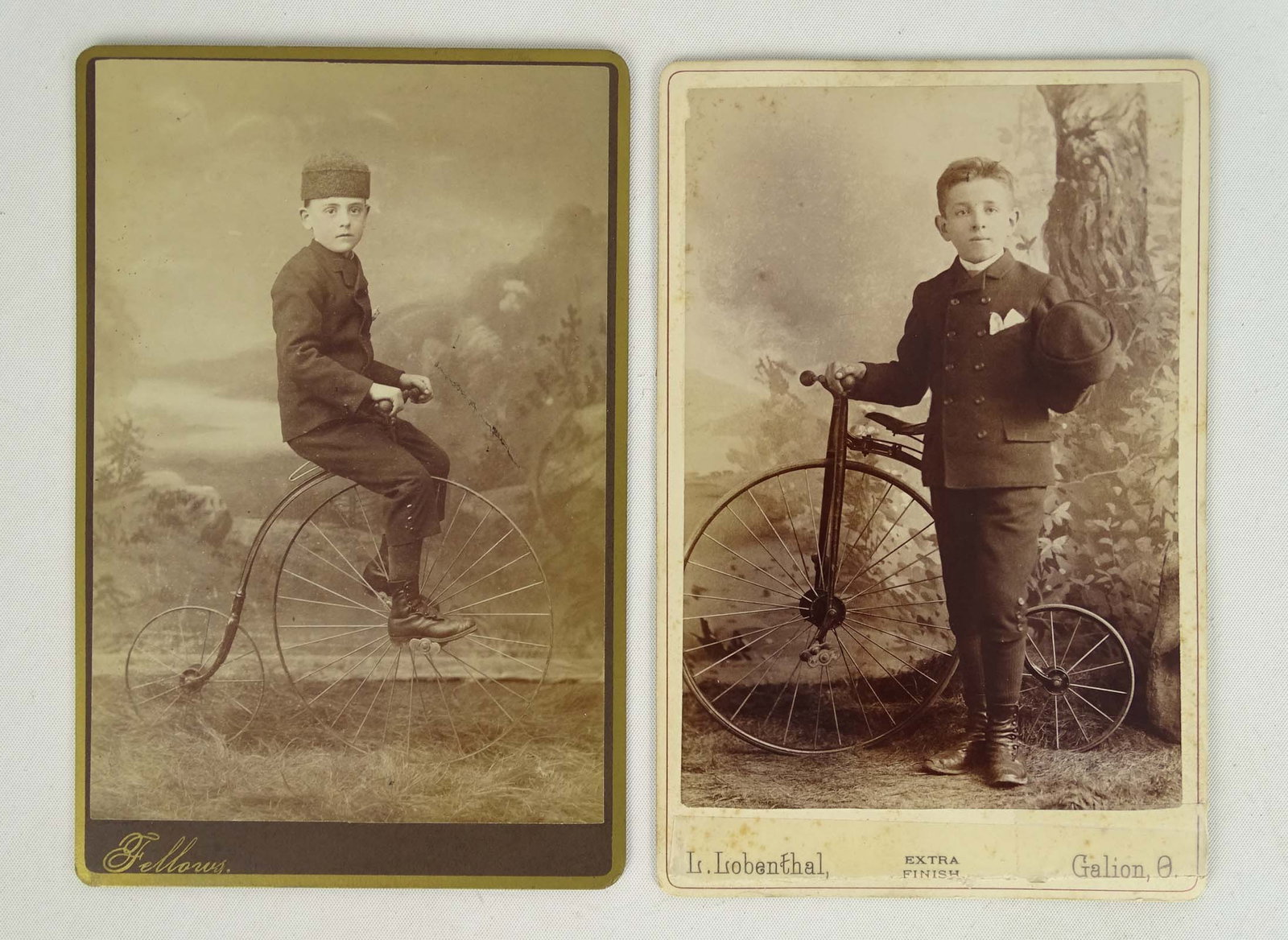 High Wheel Photos: 2 cabinet cards of boys with high wheel bicycles. Good condition. Glenn Eames Collection Burlington Vermont.