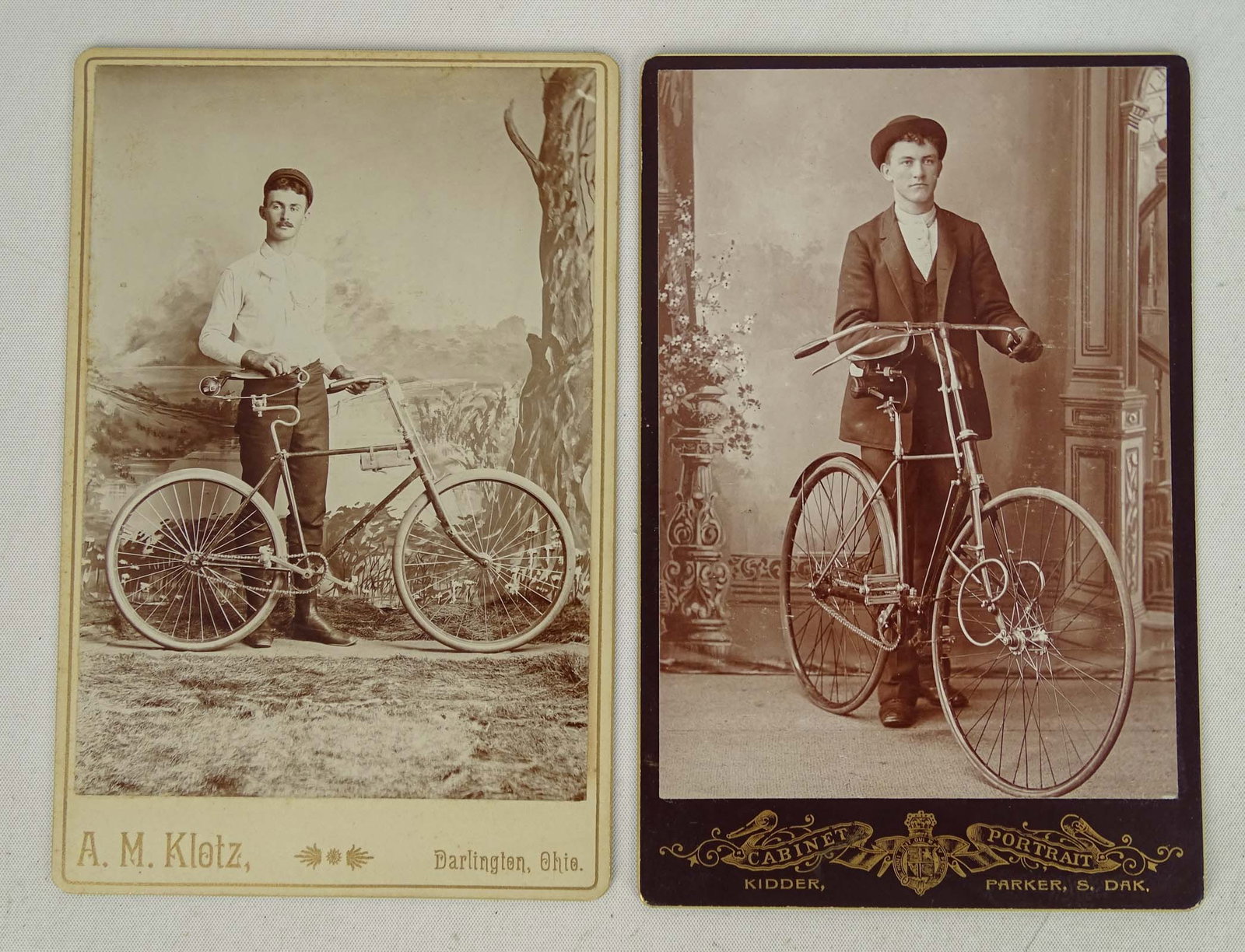 Vintage Cyclist Photos: Cyclist with Union hard tire safety 1890 and cyclist with Columbia Century early pneumatic bicycle - note suspension on Union and elliptical sprocket on Columbia. Good condition. Glenn Eames
