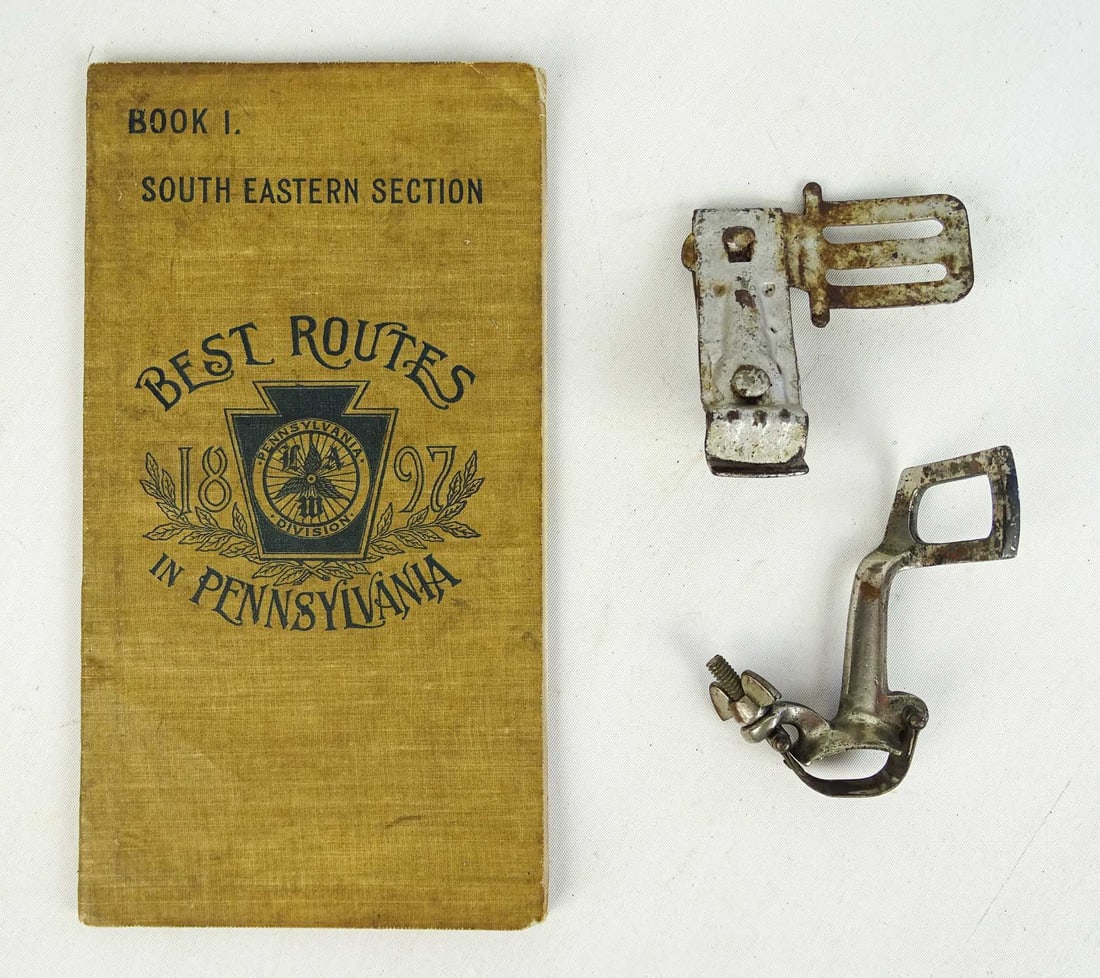 Bicycle Literature Brackets: Book "Best Routes in PA." 1897. 2 1890's lamp brackets - one is very nice. Good condition. Glenn Eames Collection Burlington Vermont.