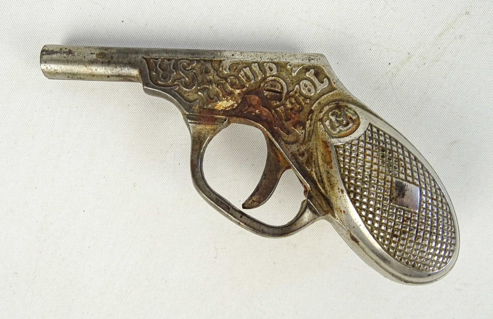 Liquid Pistol Gun: USA Liquid Pistol - anti dog squirt gun - patented June 1886. Good condition. Glenn Eames Collection Burlington Vermont.