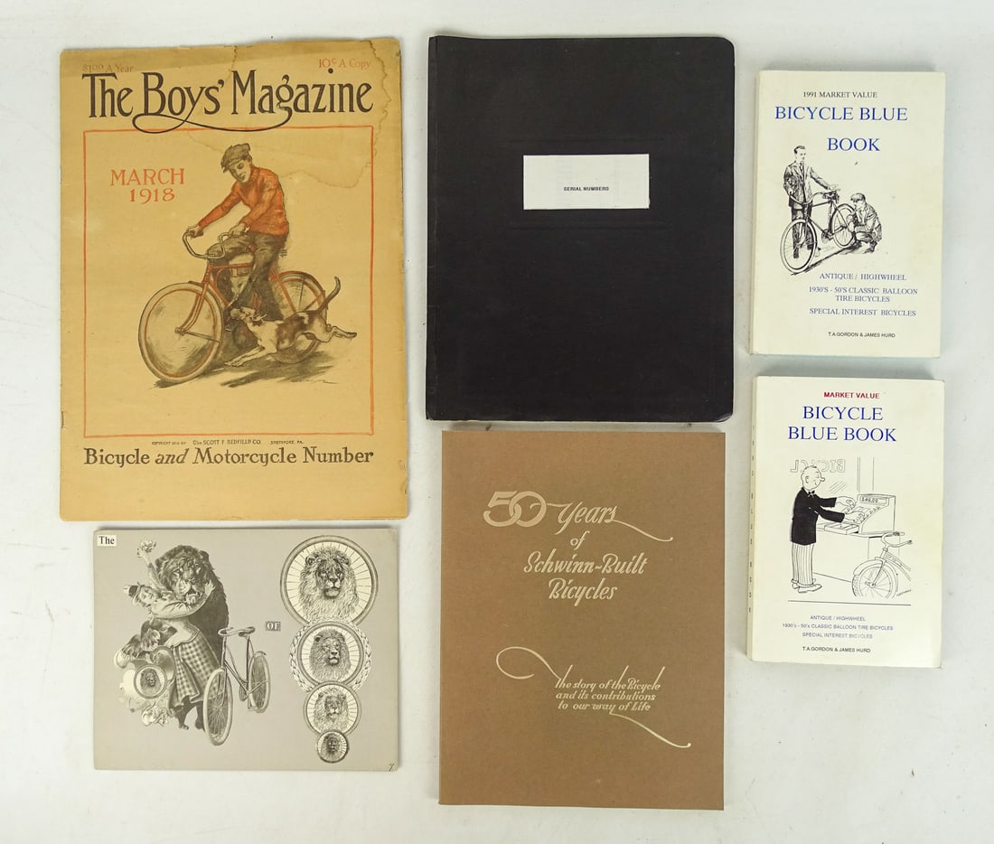 Antique Bicycle Literature: Boy's Magazine - March 1918 w/ Smith motor wheel. Monarch die cut collage for advertising early 1900's, bicycle blue book, collectible Higgins etc. bikes. Schwinn 50 Years, Schwinn serial numbers.