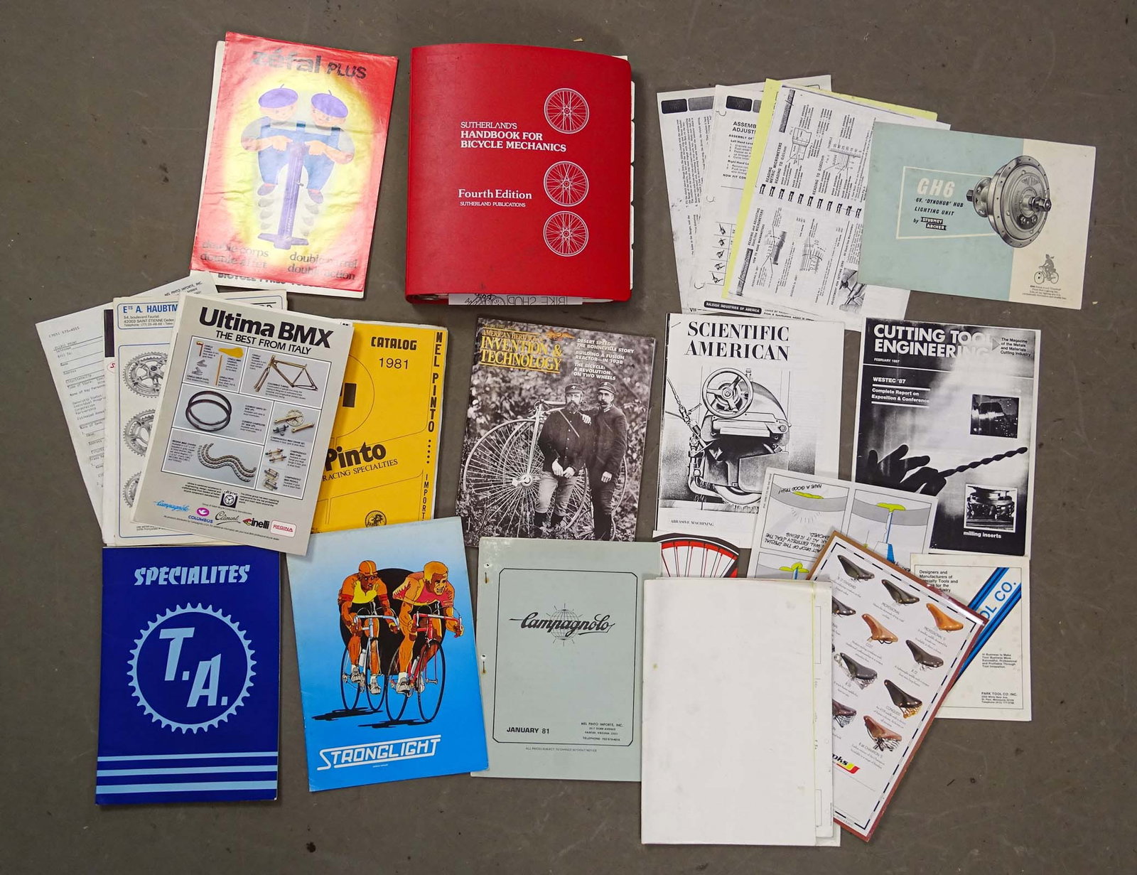 Vintage Catalog Manuals: Misc catalogs (1981) Campagnolo, Mel Pinto, Sturmey Archer etc. Sutherlands manual 4th edition, New Departure 2 speed manual etc. Good condition. Glenn Eames Collection Burlington Vermont.