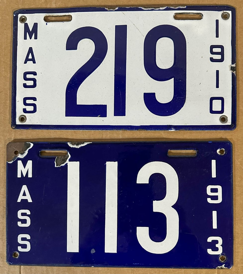 License Plates: Two three digit Massachusetts porcelain license plates, 1910 #219 and 1913 #113.