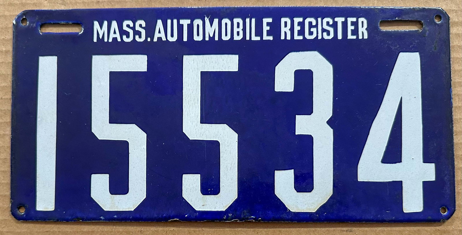 License Plate: Mass. Automobile Register porcelain license plate, ca 1905 - 1907, #15534.