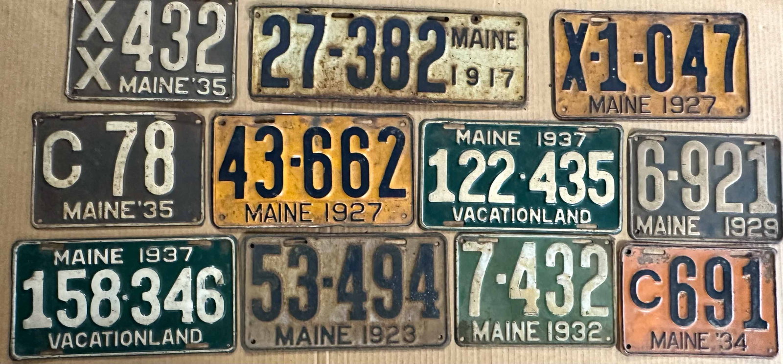 License Plates: Maine license plates from 1917 - 1937 and misc MA, PA, IN plates, all are painted.