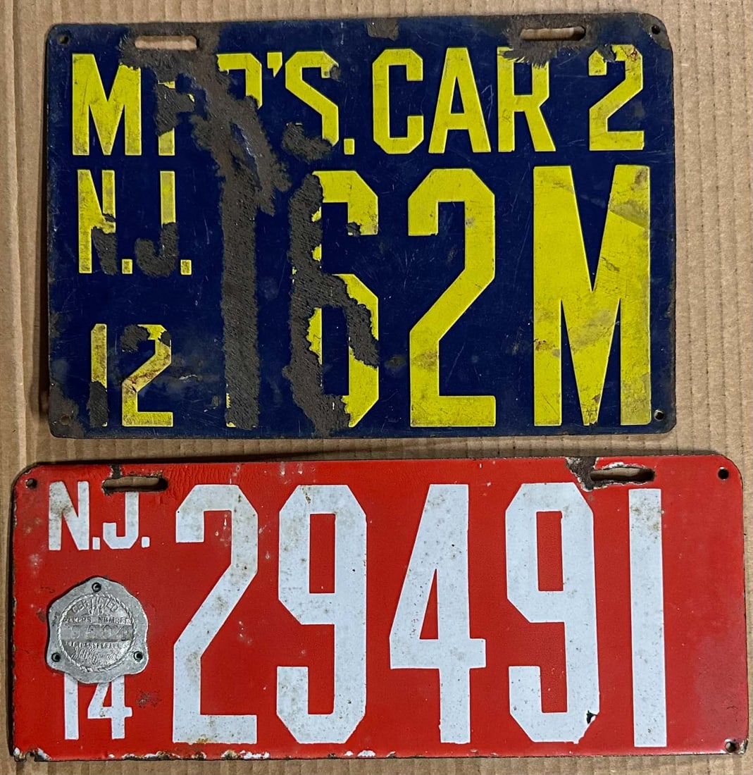 License Plates: Two New Jersey porcelain license plates, 1912 manufactures and 1914 red passenger.