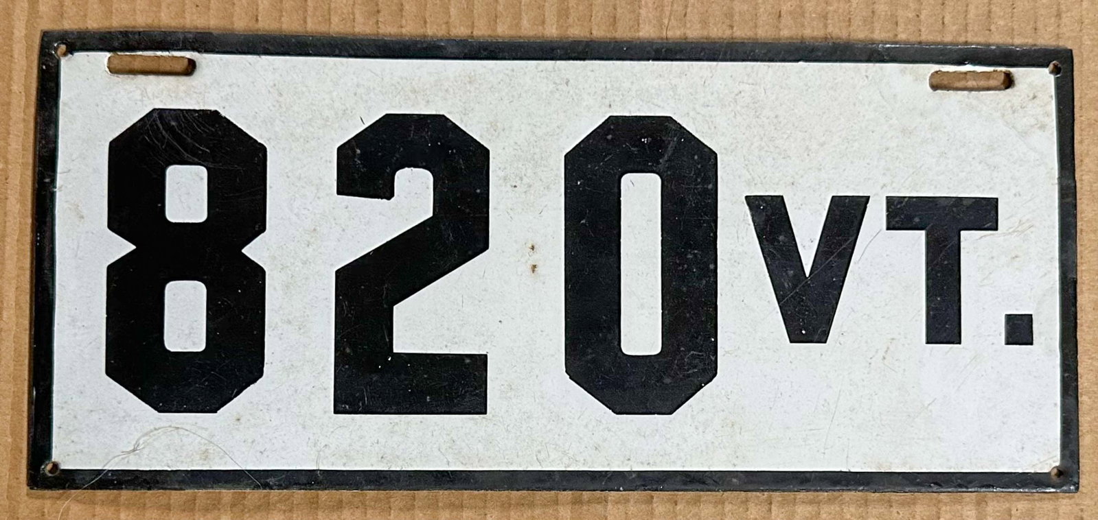 License Plate: Vermont three digit undated license plate, #820, ca 1907 - 1908.