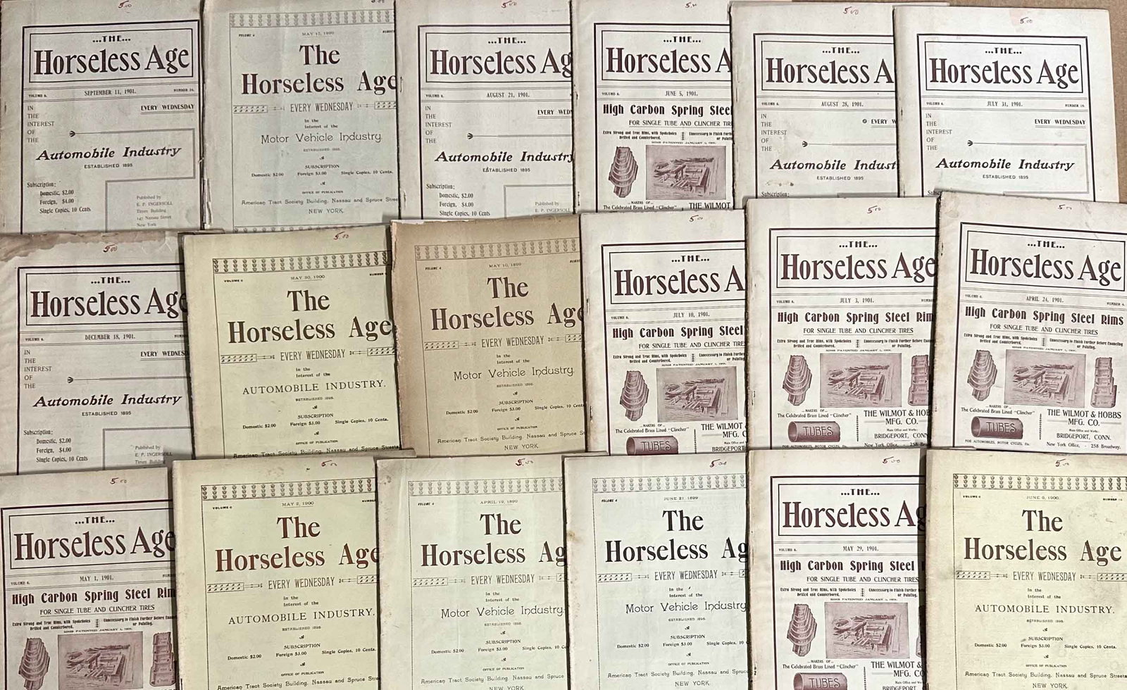 Horseless Age Magazines: Thirty six copies of Horseless Age magazine from 1988 to 1901, this was the first auto related magazine published in the US, very interesting advertising.