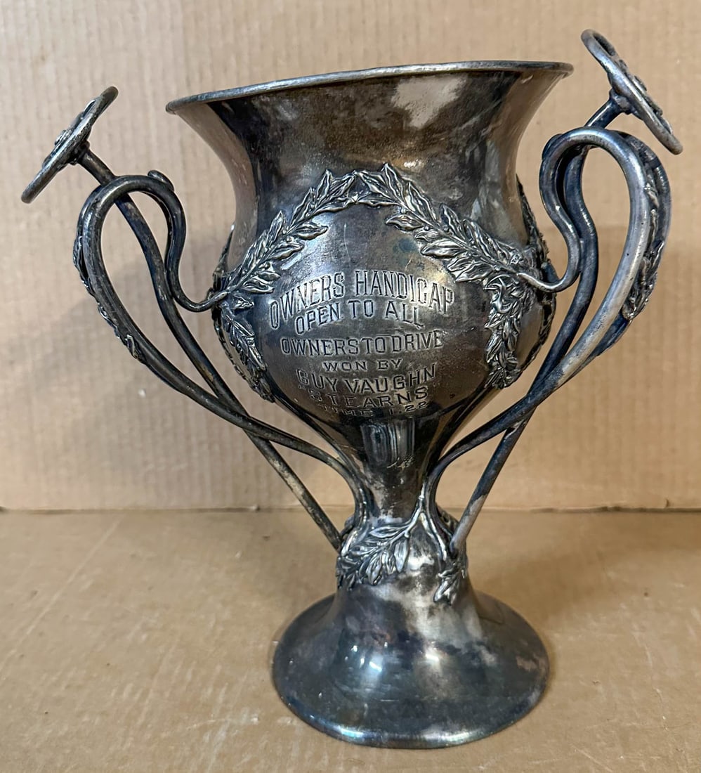 Trophy: Very detailed drivers award trophy won by Guy Vaughan in a Stearns auto, ca 1908 - 1912, 10.5 inched high.
