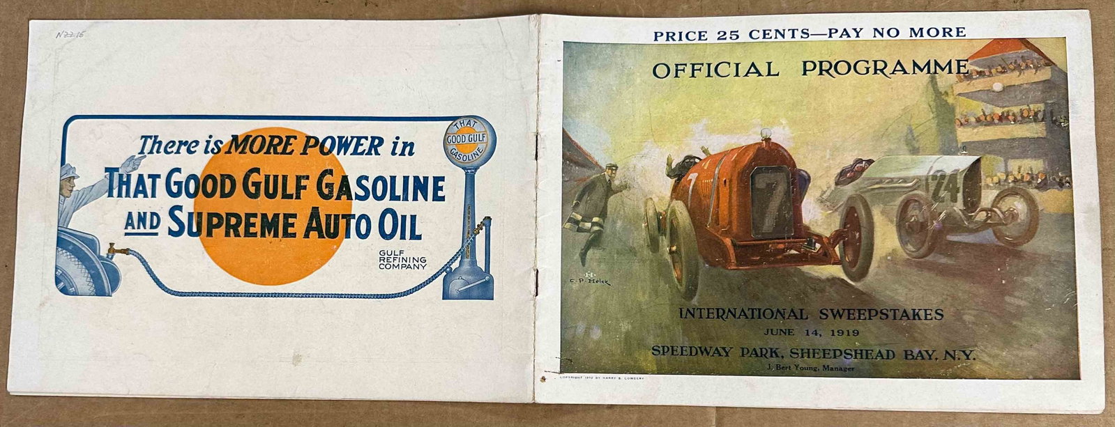Racing Program: Sheepshead Bay, Brooklyn NY,June 14, 1919 race program, turns were banked 17 degrees, two mile board track that ran from 1915 - 1919, Peter Helck cover, 10.5 x 8, 20 pages.