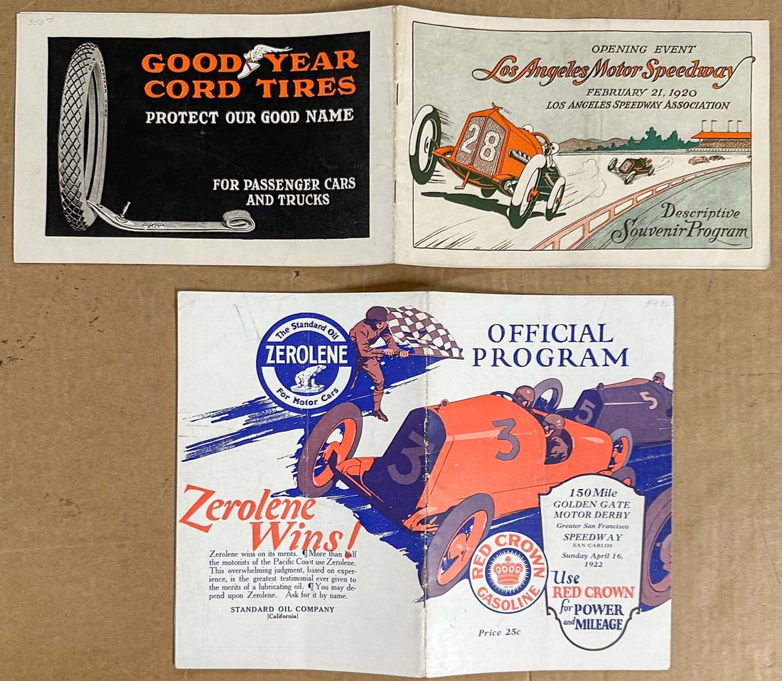 Racing Programs: Two early California race programs - Feb, 21, 1920 LA Motor Spwy first race, 1.25 wood oval 35 deg banked turns, 9 x 5.5, 16 pgs, April 16, 1922 SF Spwy, 1.25 mile 38 deg banked turns, ran in