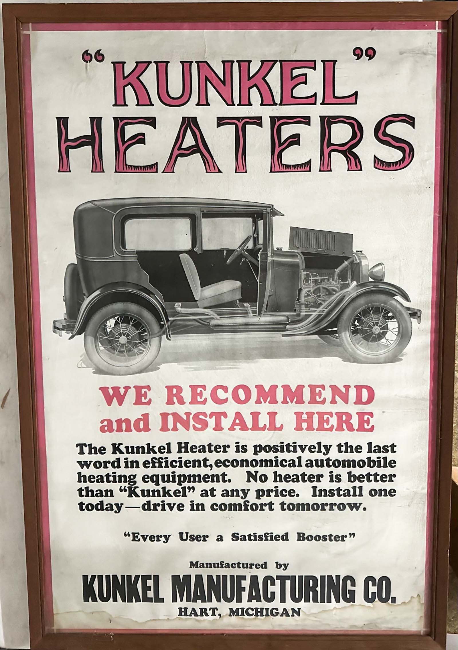 Kunkel Heater Poster: Kunkel Heater for Model A Fords advertising poster, Model A two door installation shown, framed under glass, 28 x 42.