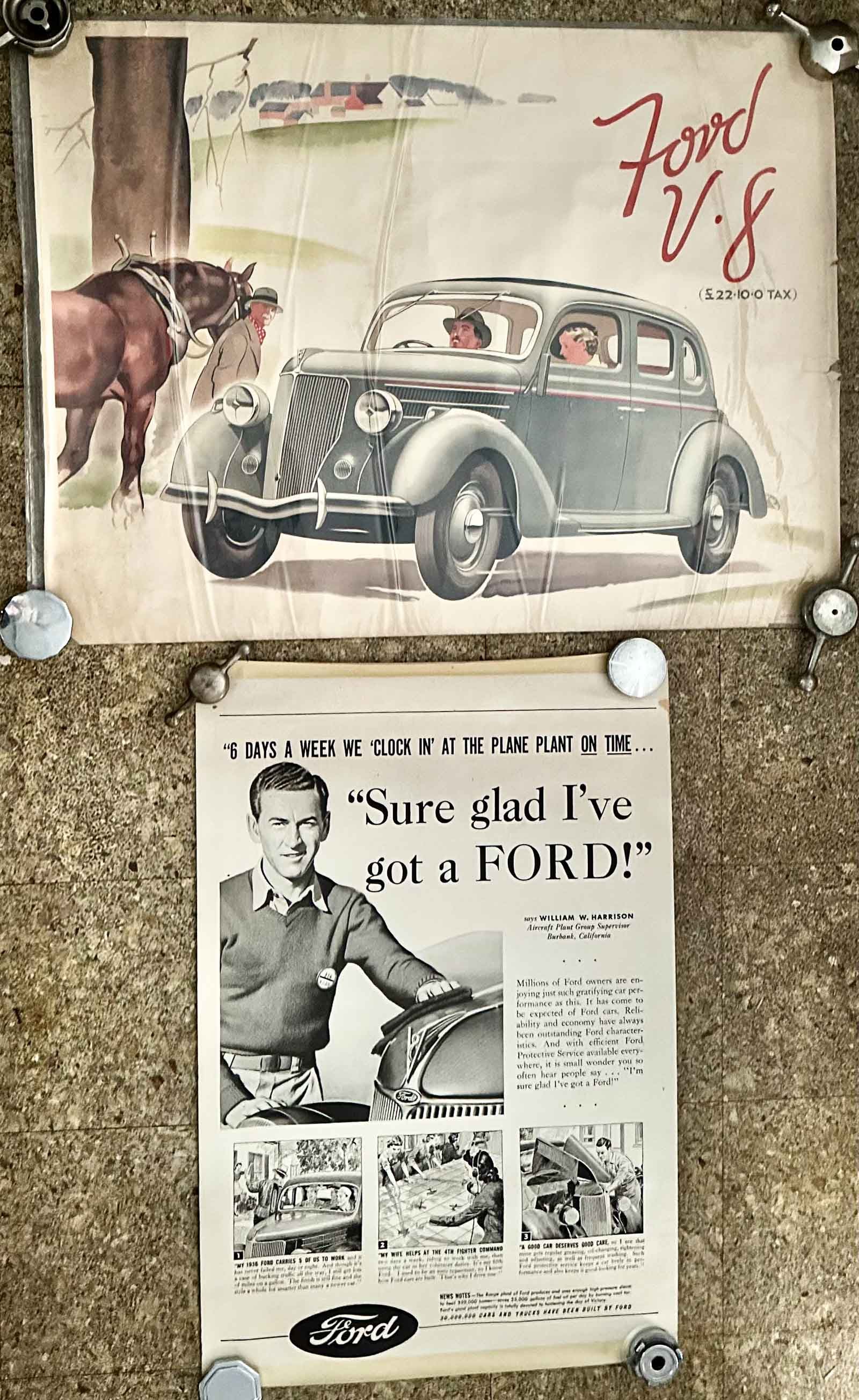Ford Lot: 1936 Ford advertising - large color British issue four door, 39 x 30 (rolled in sleeve), b & w, 24 x 36 (rolled), four full page newspaper ads, 16 x 21 each, condition as shown in photo.