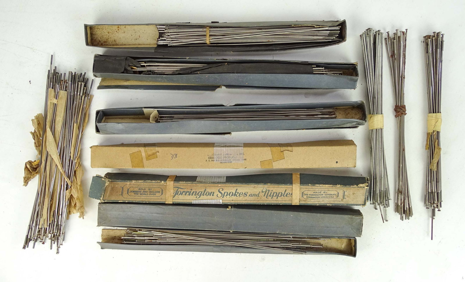 Spokes: Large collection of straight pull spokes, new old stock mostly. Straight pull bicycle hubs for early. Good condition. Glenn Eames Collection Burlington Vermont.