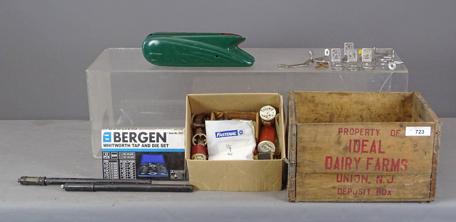 Bicycle Taps Dies: Collection of bicycle taps and dies includes new Whitworth set - plus 1950's Columbia Fire Arrow tank and various lamp brackets. Good condition. Glenn Eames Collection Burlington Vermont.