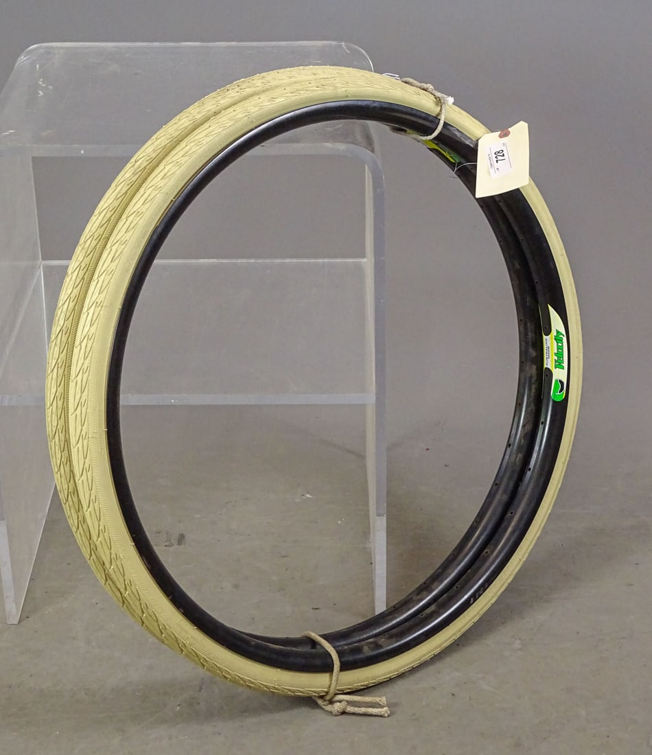 Velocity Clincher Rims: Two new Velocity Blunt clincher rims, one 32 hole + 1 36 hole, plus 2 Schwalbe "Delta Cruiser" all white tires - 700 x 35 - these are perfect for a T.O.C. modern wheel conversion. Good condition.