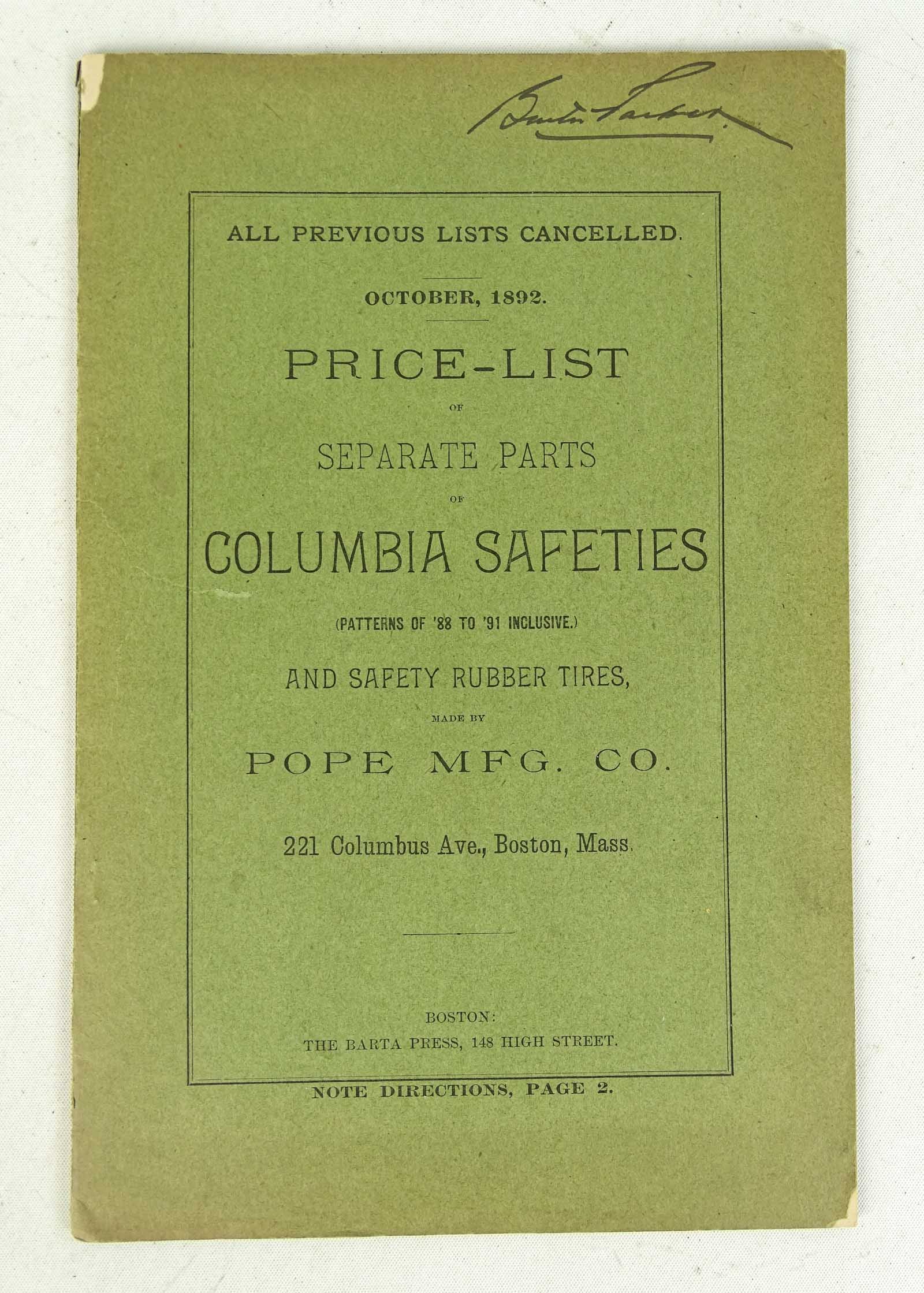 Columbia Safeties Parts Catalog: 1892 Columbia Safeties Pope Mfg. Co. parts catalog. Good condition. 9" x 6".