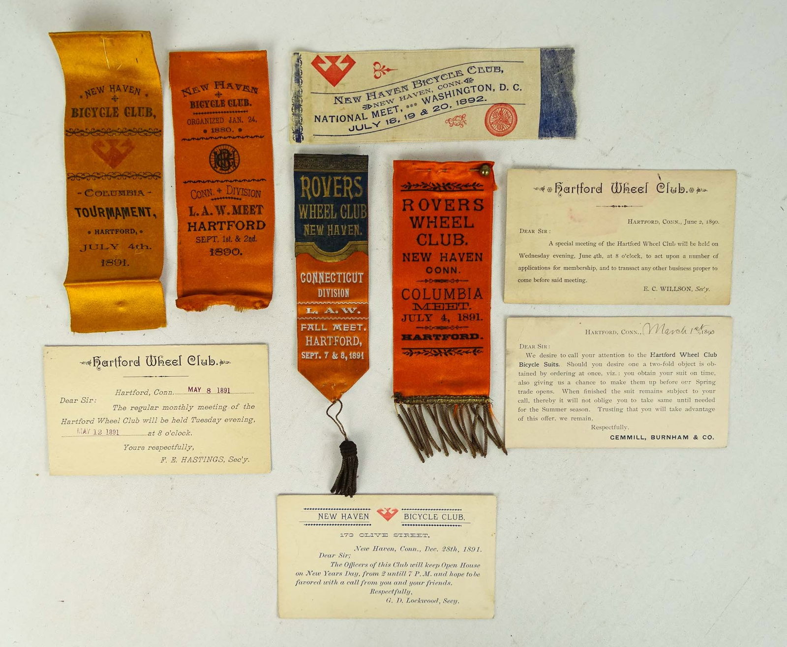 Ribbons & Cards Lot: Lot including: New Haven Bicycle Club ribbons, Club Cards. Fair-Good condition.
