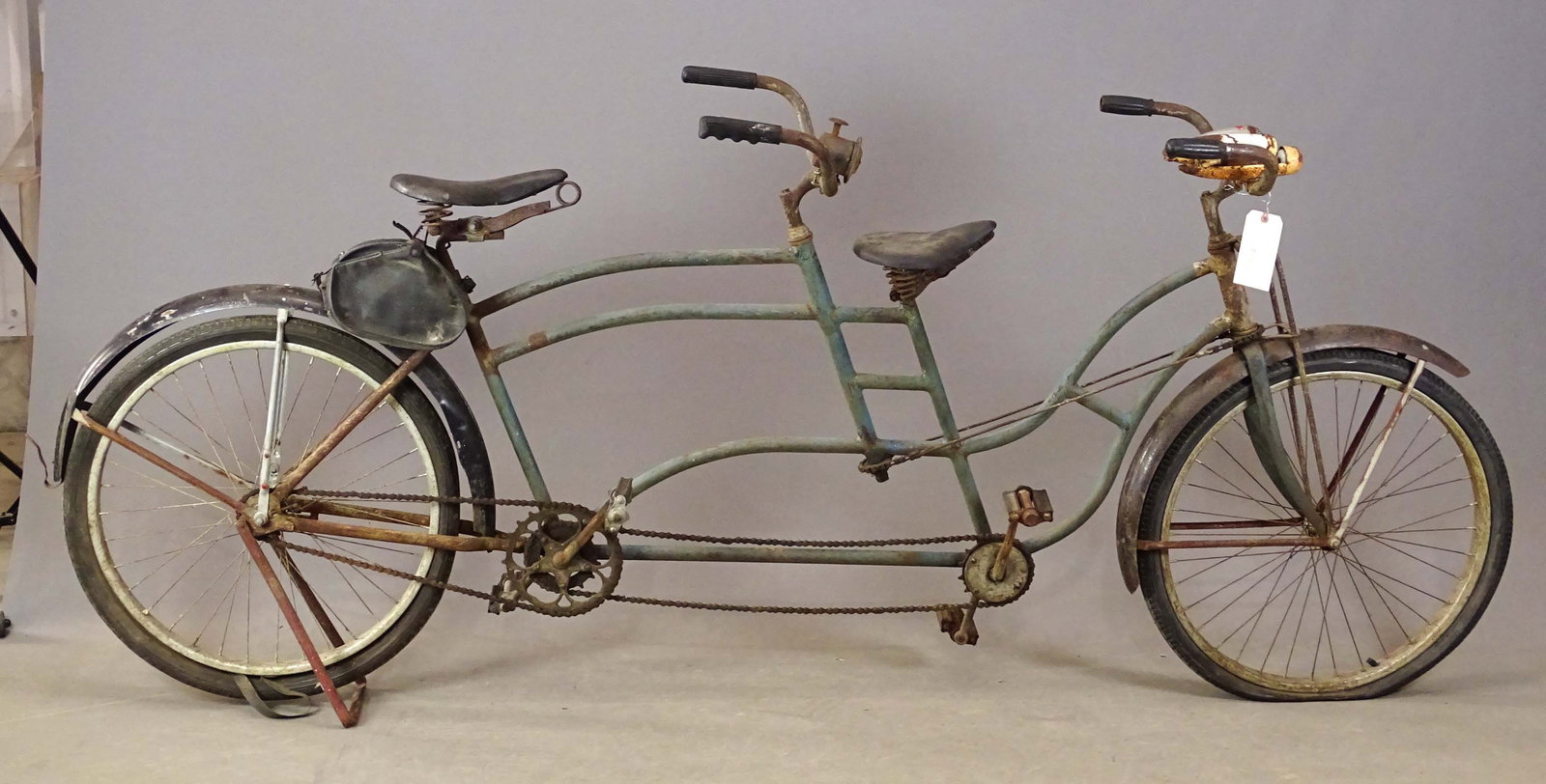 Vintage Tandem: Vintage tandem. Barn find. Needs restoration. Features lights, noisemaker, saddle bag.