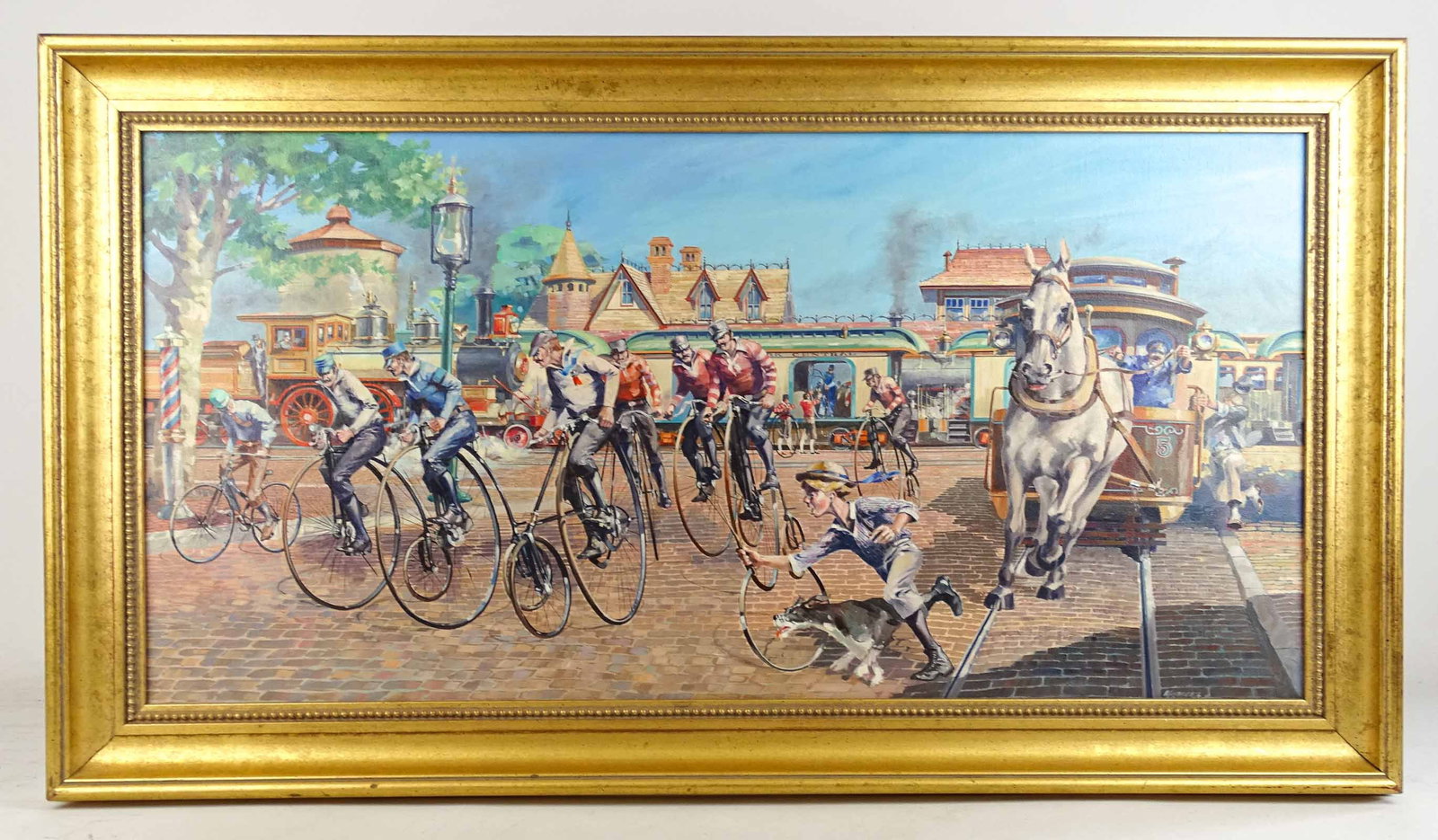 Painting: High Wheel Subject Signed Neumann: Painting: High Wheels in square with trains, horses, figures. Signed LRC "Neumann". Comes with study drawings on a paper. Oil on canvas. Overall 20" x 36".