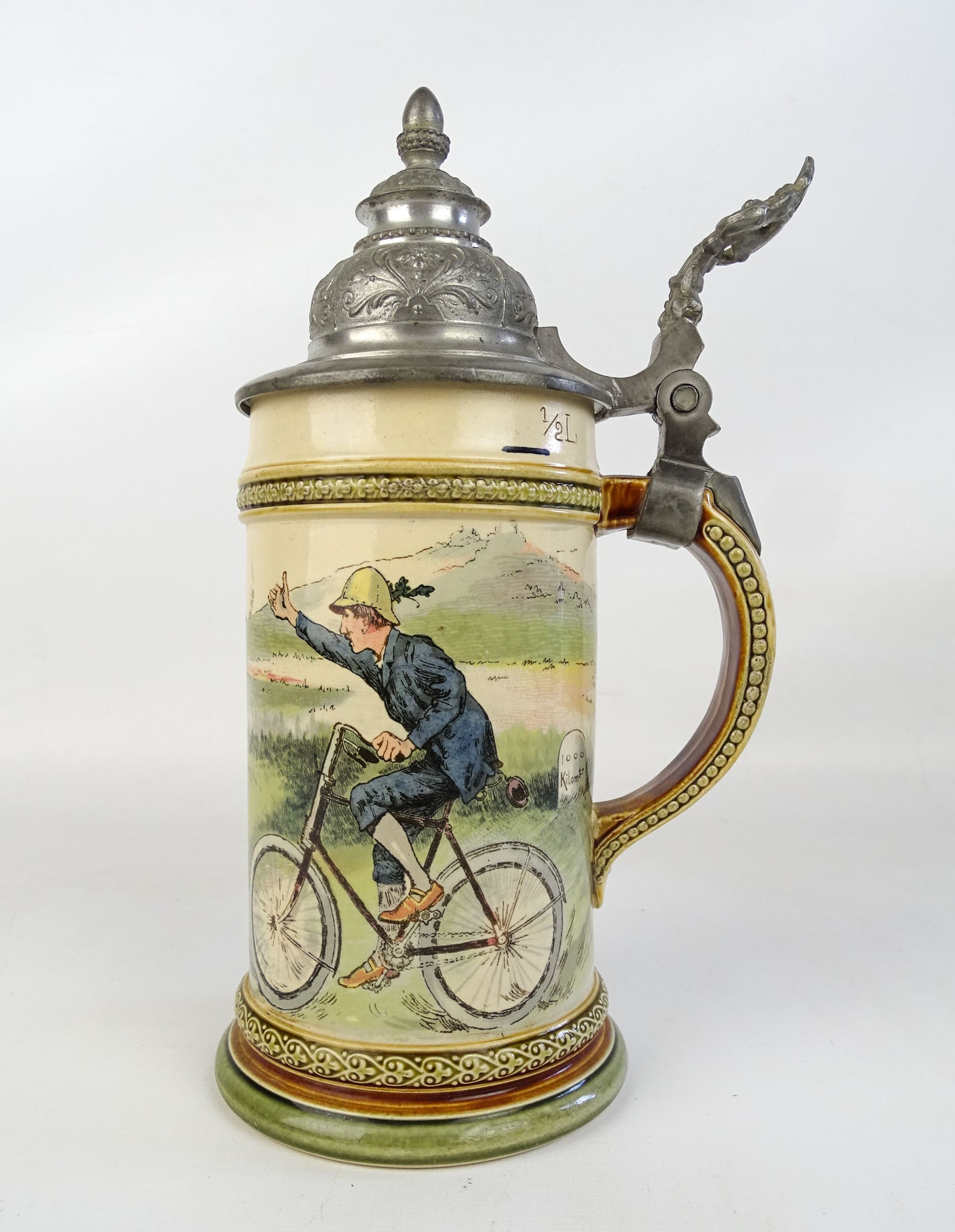 Bicycle Stein: Early German Geschutzet stein with rider on pneumatic safety. Good condition. Steve Stevens Collection Colorado.