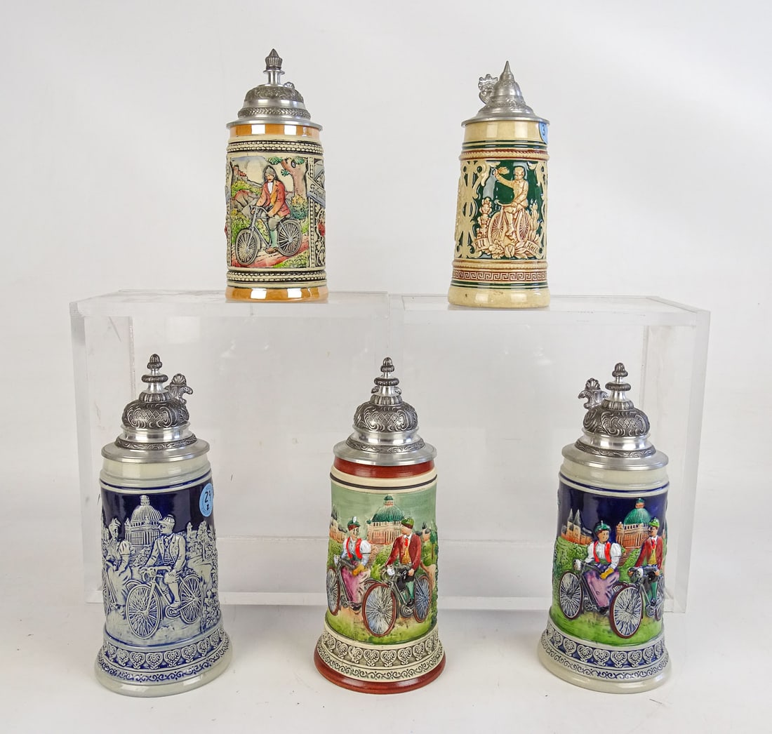 Stein Lot: Lot (5) German steins including West German Thewalt. Sotheby's Chicago stickers on (4). Good condition. Tallest 10" Ht.. Steve Stevens Collection Colorado.