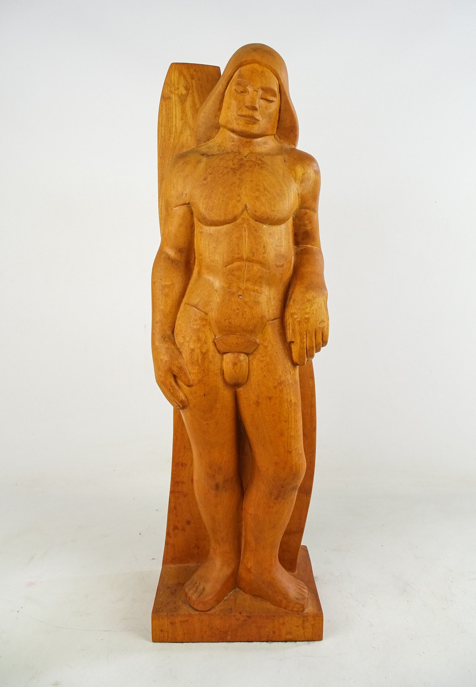 Wood Carved Figure: Wood carved figure. Signed J. Messana '82. 24" Ht..
