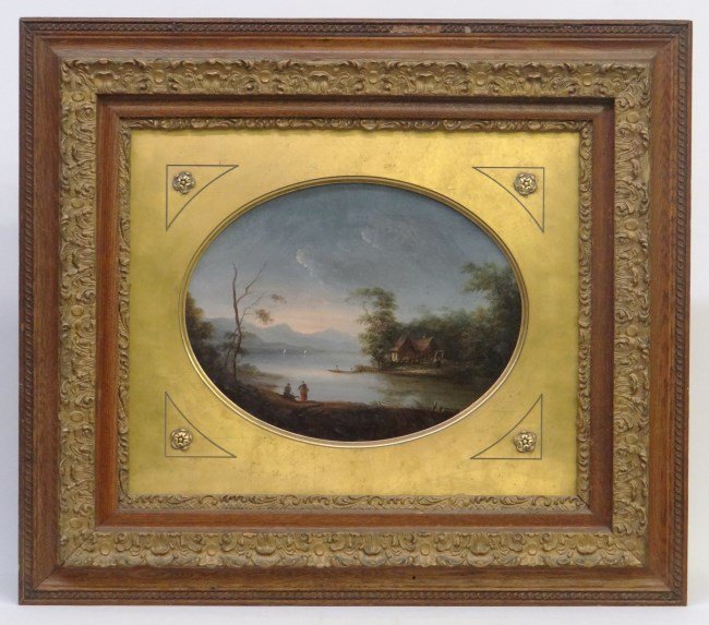 19th c. Hudson River School Painting: 19th c. oval oil on canvas Hudson River School landscape in orig. frame. Canvas stamped verso Williams Steven WIlliams...New York". Sight 12 1/2" x 16"."