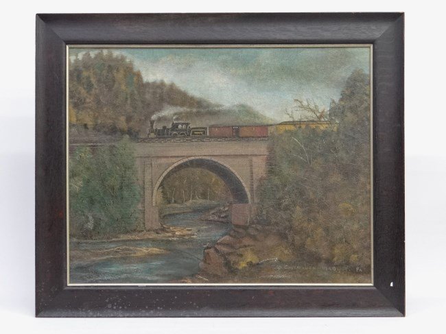 19th c. Painting Conemaugh Viaduct PA"": 19th c. oil on panel titled Conemaugh Viaduct PA", attributed to John Kane (PA. 1860-1934). Sight 22 1/2" x 29"."