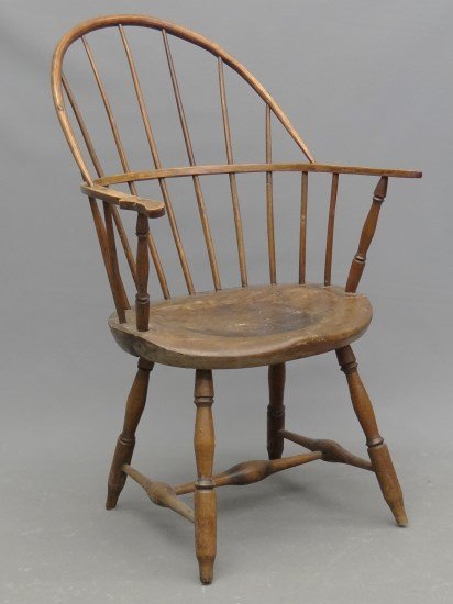 Windsor Armchair: 19th c. Windsor armchair. 15 1/2 seat Ht., 37" overall Ht., end of arm repaired."