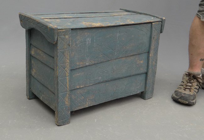 Painted Trunk: Continental carved and painted trunk. 24 x 12" x 16"."