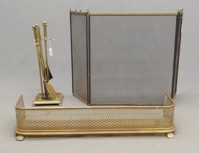 Fireplace Lot: Lot including early fireplace brass fender (41 x 12" x 8"), fire tool set and screen."
