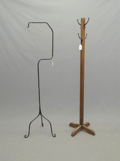Hat Rack Lot: Lot including oak hat rack (68 Ht.), along with iron bird cage stand."