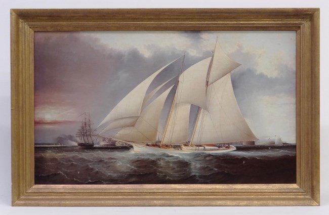 Ship Print: Contemporary ship print on canvas. Sight 19 x 32 1/2"."