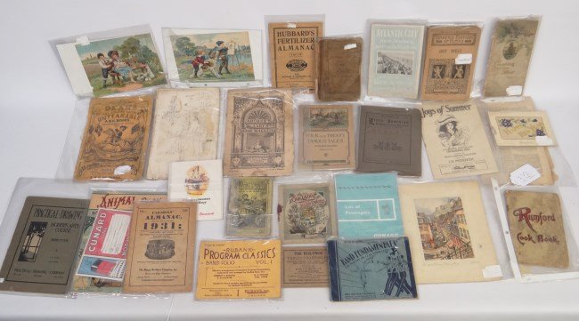 Ephemera Lot: Ephemera lot of late 19th c. through early 20th c. items including children's books, Little Journeys", shipping line paper, almanacs, school books etc."