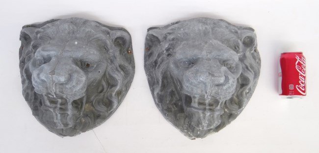 Pair Architectural Zinc Lion Masks: Pair of late 19th/early20th c. archetectural zinc lion masks. 12 1/2 Ht. x 12 1/2" W."
