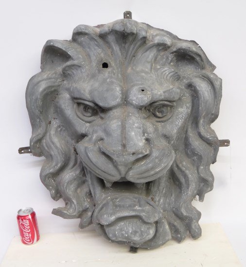 Large Architectural Zinc Lion Mask: Large late 19th/early 20th c. architectural zinc lion mask. 33 Ht. x 26 1/2" W."