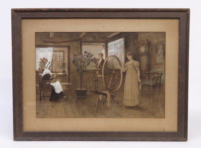 Painting Attr. To W. Cary: 19th c. painting Colonial interior scene signed LLC W. M. Cary" , attri. to William De La Montagne Cary Mass./Kansas 1840-1922). Sight 13 1/2"x 20 1/4"."