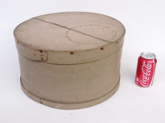 19th c. Pantry Box: 19th c. pantry box in white paint. 15 1/2 diameter, 9" Ht."