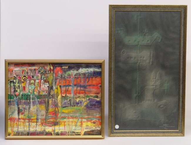 Artwork Lot: Artwork lot including mixed media by Leonard Dean West (Tenn./Cal. 1935-2011), sight 23 x 18", signed verso and dated '96, along with print signed and numbered "Sanchez", "Religion Contra Tecnologia 1