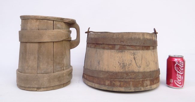 Primitive Lot: Lot including staved lidded tankard (10 1/2 Ht.), along with staved swing handle bucket. 12" diameter, 9" Ht."