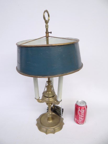 Brass Lamp: Brass lamp with tole shade. 23 Ht."