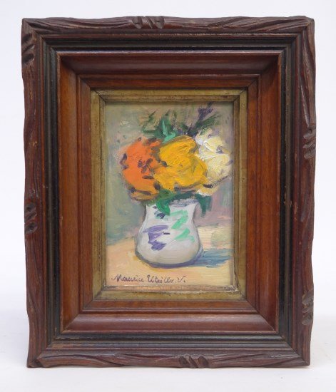 Painting Maurice Utrillo: Painting oil on artist board/paper still life signed LLC Maurice Utrillo V." (Maurice Valadon Utrillo France 1883-1955). Sight 4" x 5 1/2"."