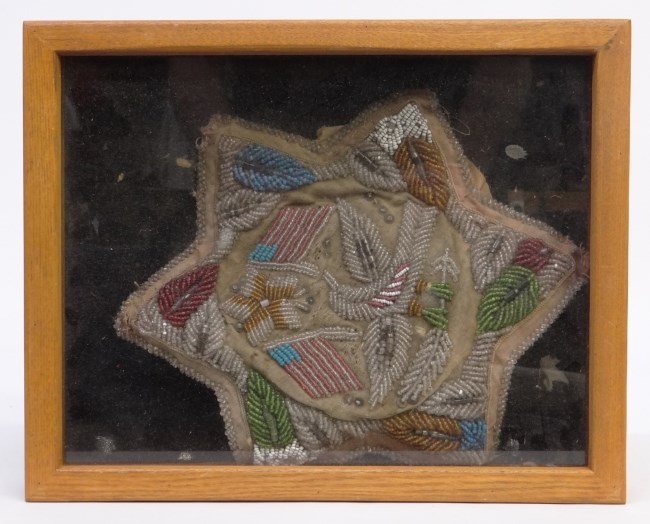 Native American Beadwork: 19th c. Native American beadwork in shadowbox. 15 x 12" overall."