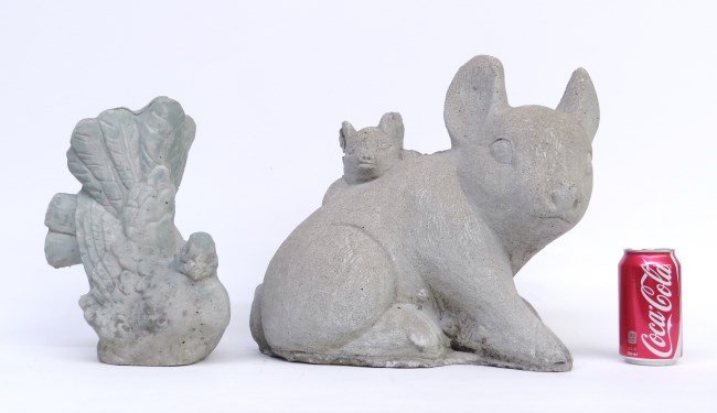 Cement Pig And Bird: Cement pig sculpture along with cement bird.