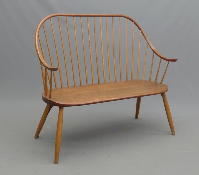 Thomas Moser Windsor Settee: 20th c. Thomas Moser Windsor settee signed Thos Moser Cabinet Makers Auburn Maine 1988 Cindy L. Bowie" Cherry. 48" W x 17 1/2" seat Ht., 41 1/2 Ht."