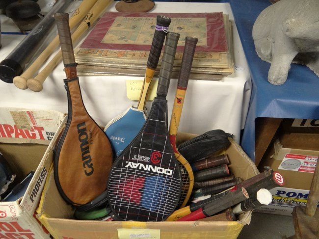 Tennis Racket Collection: Collection of various tennis rackets including vintage and newer examples. Names include Spaulding", "Wilson", "Davis", "Tad" etc."