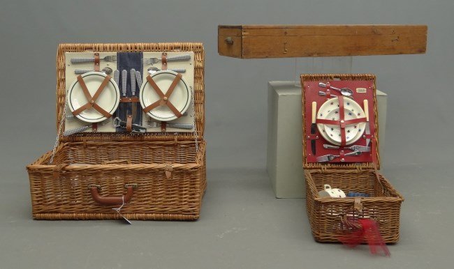 Picnic Sets: Lot two picnic sets in baskets along with vintage croquet box.