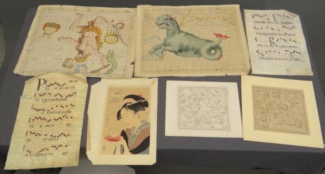 Ephemera Lot: Ephemera Lot including (2) early constellation maps (21 x 27 1/2") believed to be 17th c. and reproductions of "Constellations of the Cellarius Atlas", Hansen Planetarium editions (as found), Japanese