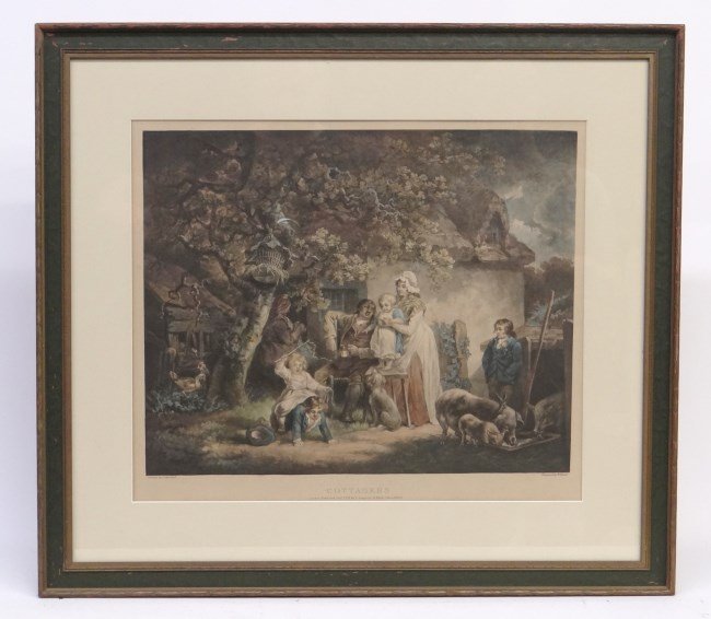 English Print: Late 18th/early 19th c. English titled Cottagers". After painting by George Morland (United Kingdom/England 1763-1804). Sight 17 1/2" x 20 1/2"."